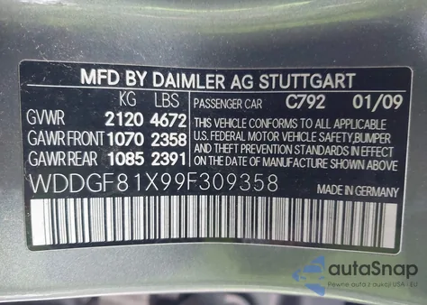 2009 Mercedes-Benz C 300 from USA, damaged, VIN WDDGF81X99F309358